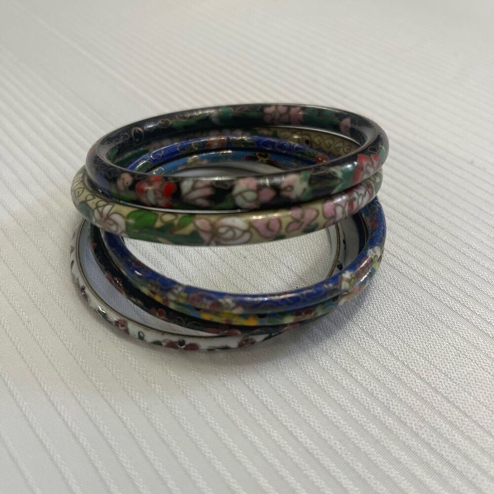 Vtg Cloisonne Chinese Bangle Lot Floral Multicolor Jewelry Bracelets Lot Of 6